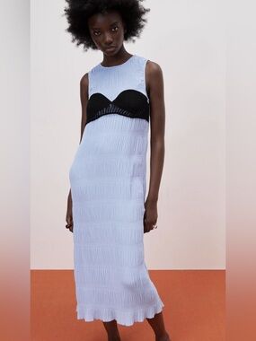 Zara Light Blue crinkle cut Maxi Dress with Black Knit Bust